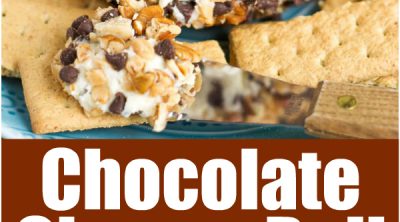 Easy dessert cheese ball recipe rolled in chocolate chips, pecans, and toffee