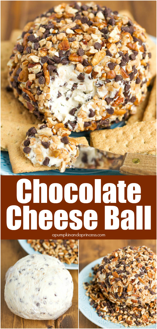 Easy dessert cheese ball recipe rolled in chocolate chips, pecans, and toffee