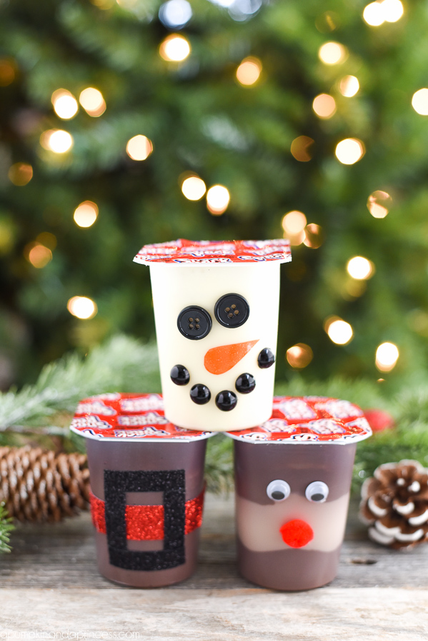 Christmas Pudding Treats for Kids - decorate pudding cups into santa, reindeer, and snowman treats!