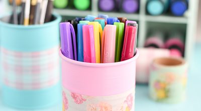 DIY Tin Can Organizers - keep supplies organized with these beautiful painted tin cans.