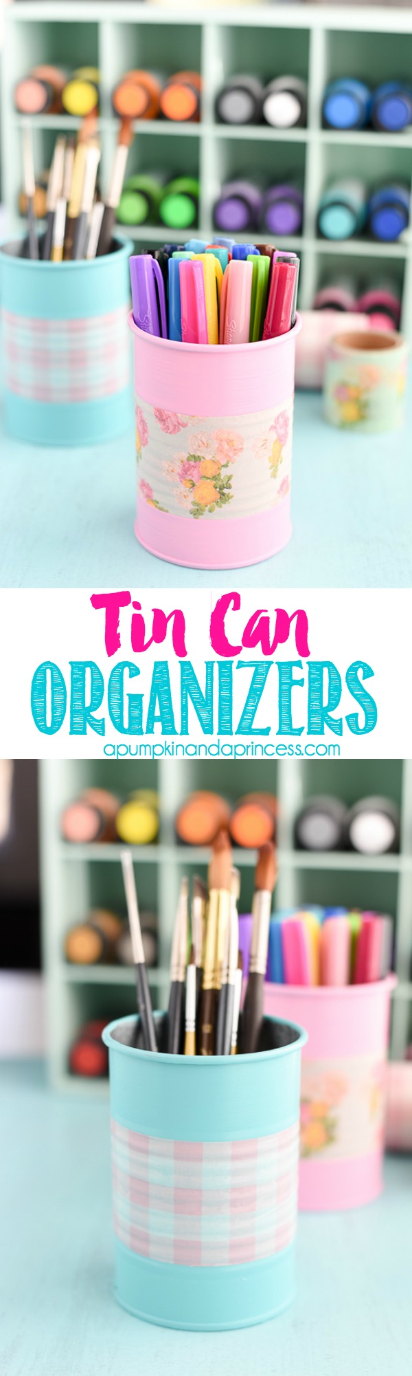 DIY Tin Can Organizers - keep supplies organized with these beautiful painted tin cans. 