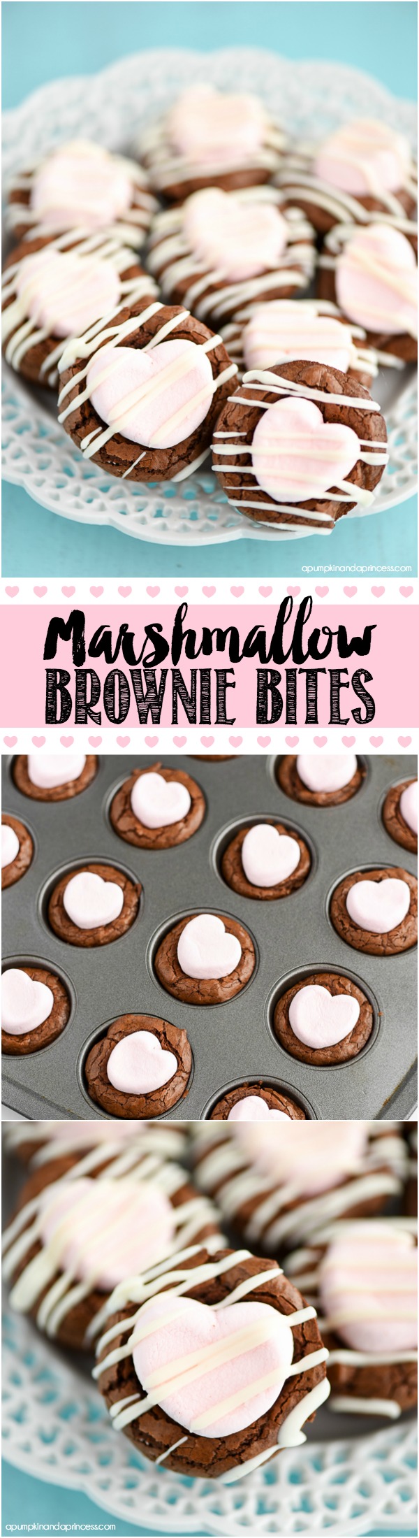 Marshmallow Brownie Bites Recipe - mini brownies topped with strawberry marshmallows and white chocolate