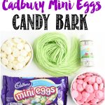 Cadbury Mini Eggs Candy Bark Recipe - pink and white chocolate marble candy bark topped with candy grass nests, Cadbury mini eggs and sprinkles.