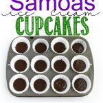 Samoas Ice Cream Cupcakes - satisfy your Girl Scout cookie cravings with this decadent ice cream cupcake recipe. Layers of chocolate cake, samoas ice cream, whipped topping, and toasted coconut.