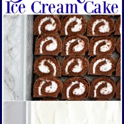 Swiss Rolls Ice Cream Cake - This easy ice cream cake recipe is perfect for summer! Layers of Swiss Rolls, vanilla ice cream, whipped cream and chocolate sauce.