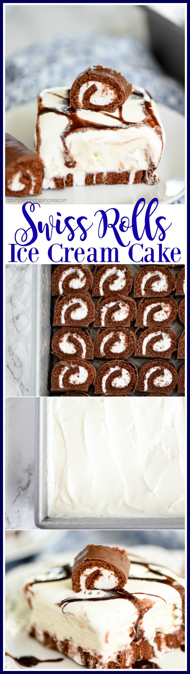 Swiss Rolls Ice Cream Cake - This easy ice cream cake recipe is perfect for summer! Layers of Swiss Rolls, vanilla ice cream, whipped cream and chocolate sauce. 