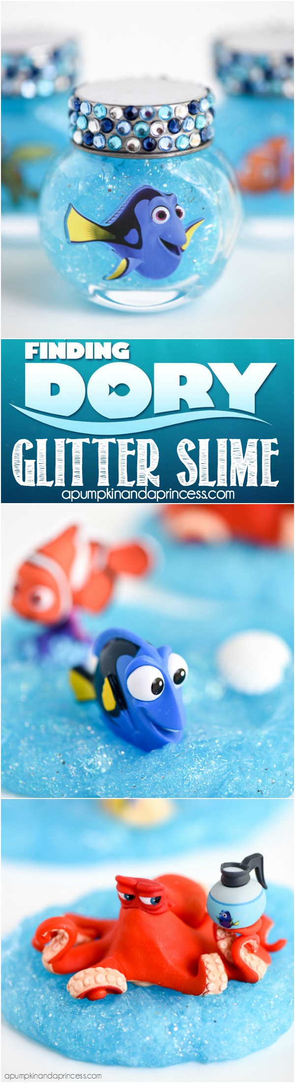 Finding Dory Glitter Slime - create this easy glitter slime recipe as a Finding Dory party favor or summer boredom-buster idea for kids!
