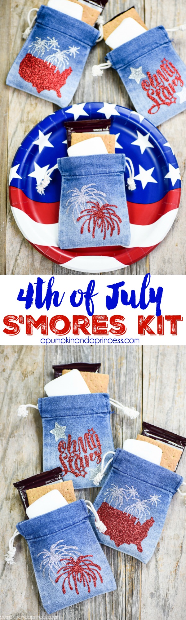 4th of July S'mores Kit - Create mini 4th of July s’mores kits for your patriotic party with denim treat bags and glitter heat transfer vinyl