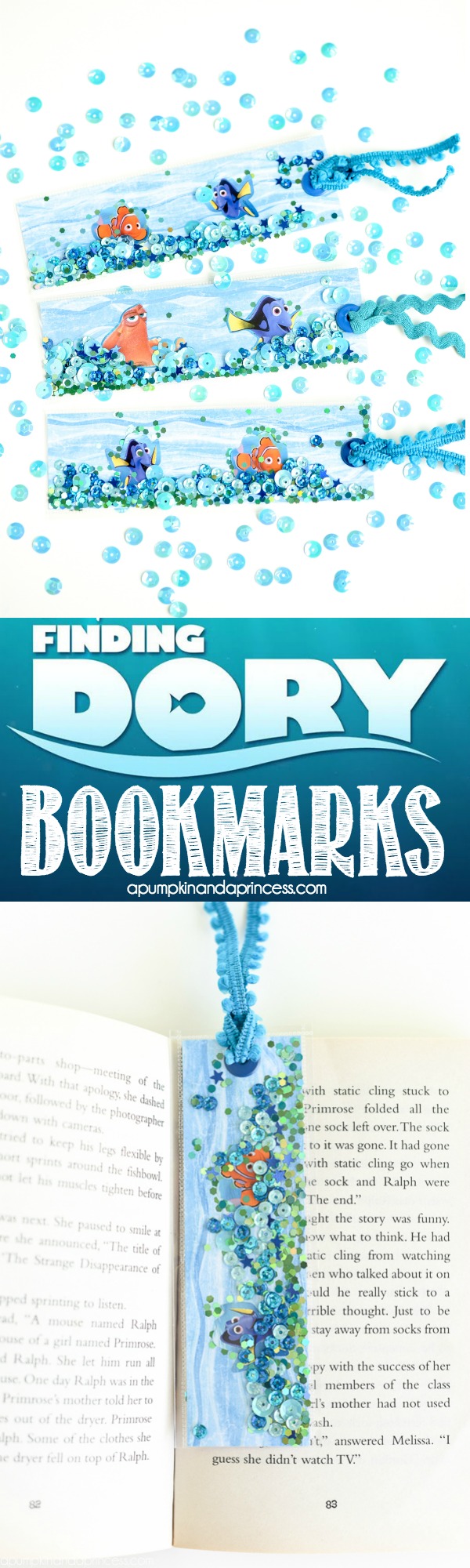 Finding Dory Bookmarks – DIY shaker bookmarks made with glitter, sequins, and Finding Dory stickers to create an ocean themed bookmark for kids. These also make a great Finding Dory party favor!