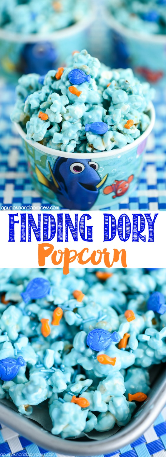 Finding Dory Popcorn – chocolate covered popcorn with mini edible Dory fish sprinkles.