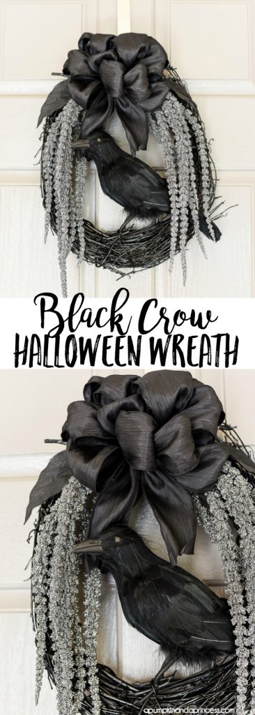 DIY spooky glam Halloween wreath with glittery stems draping down and a black crow to welcome your guests.