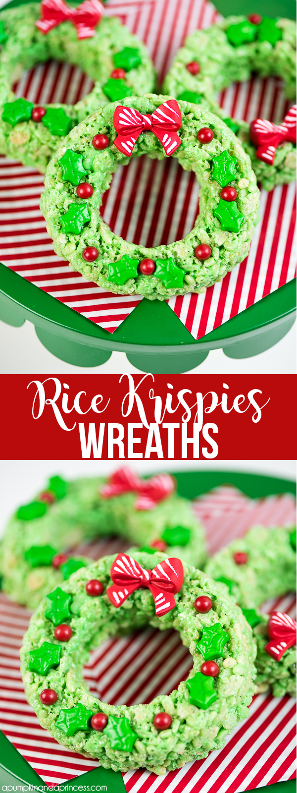 Rice Krispies Wreaths – a holiday spin on the classic Rice Krispies treats recipe. Kids will love these mini Rice Krispies wreaths decorated with holly leaves and berries.