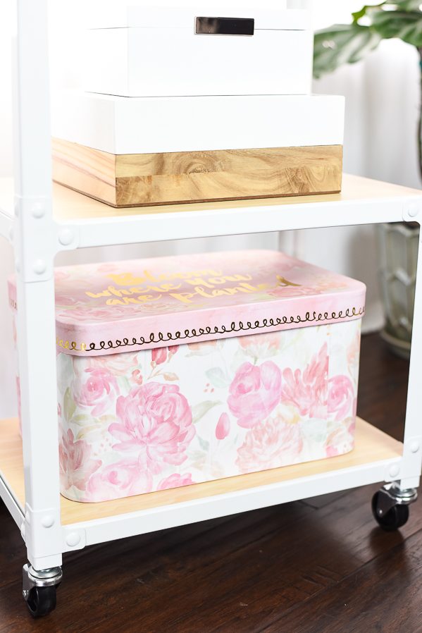Storage Cart Office Organization – keep your office organized with a storage cart and pretty pink and white organization boxes.