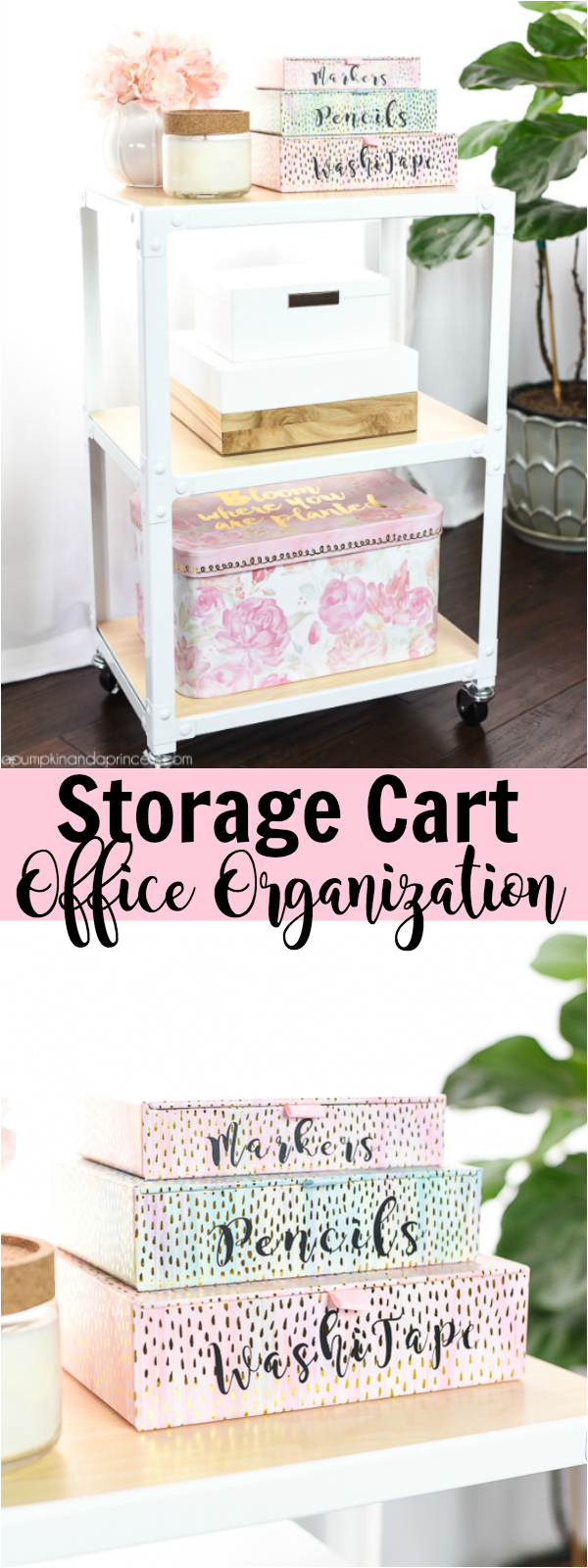 Storage Cart Office Organization – keep your office organized with a storage cart and pretty pink and white organization boxes.