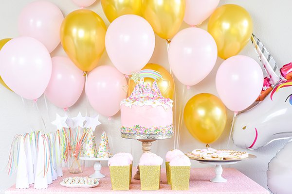 Shimmery pink and gold Unicorn Birthday Party – unicorn party ideas, food and decorations.