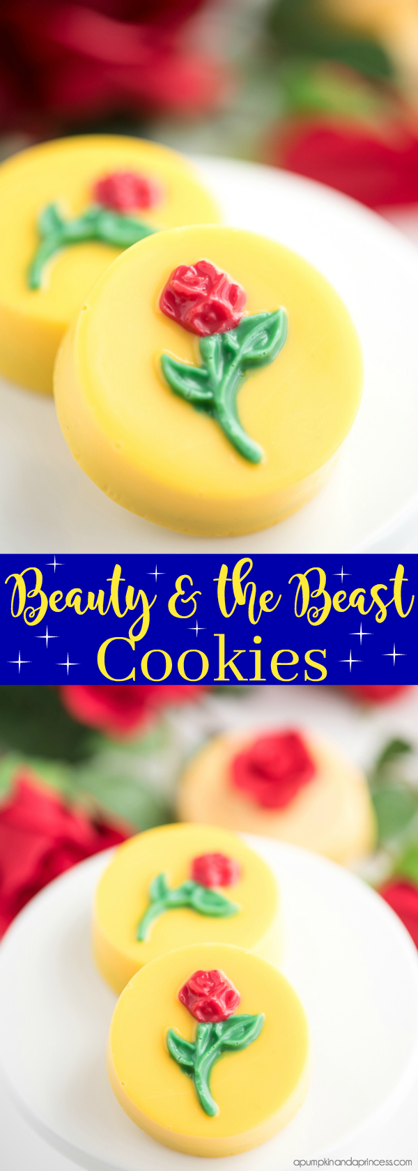 Beauty and the Beast Cookies - chocolate covered OREO cookies topped with a rose, perfect for a Beauty and the Beast party!