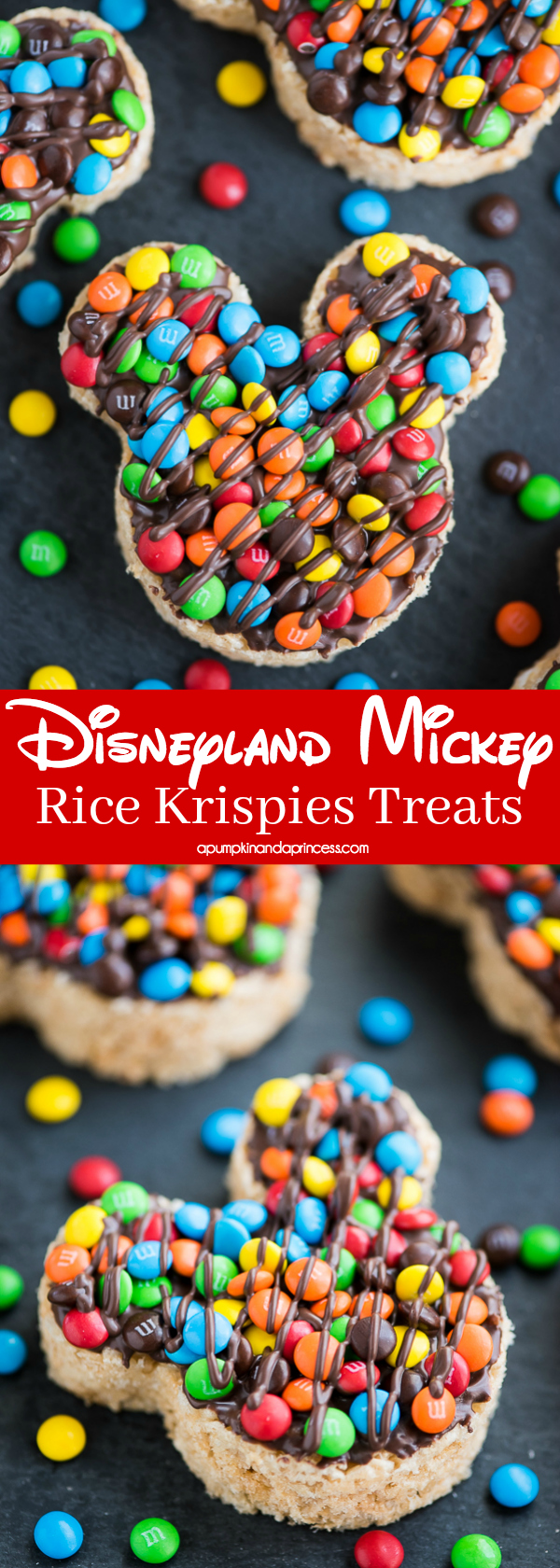 Mickey Rice Krispies Treats – Disneyland inspired Mickey shaped Rice Krispies treats dipped in chocolate and topped with mini M&M’s.