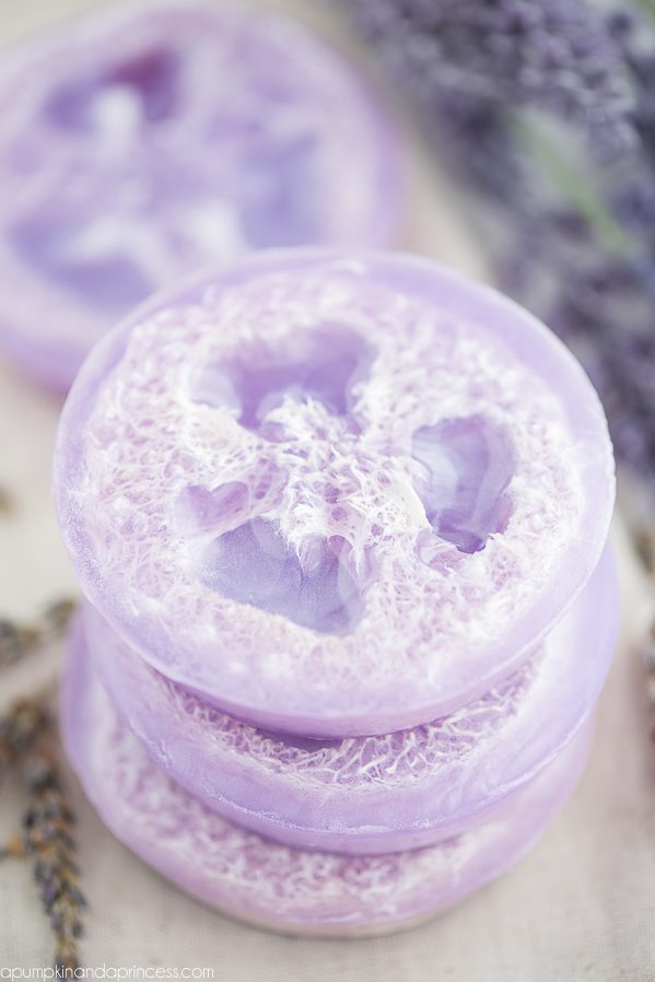 DIY loofah soap – how to make exfoliating loofah soap with lavender essential oil.