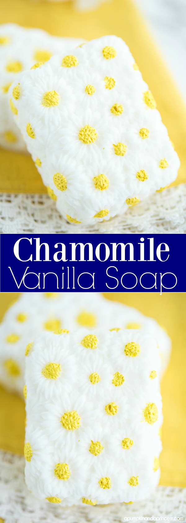 DIY Vanilla Chamomile Soap – this daisy soap made with vanilla and chamomile essential oils makes a great handmade gift!