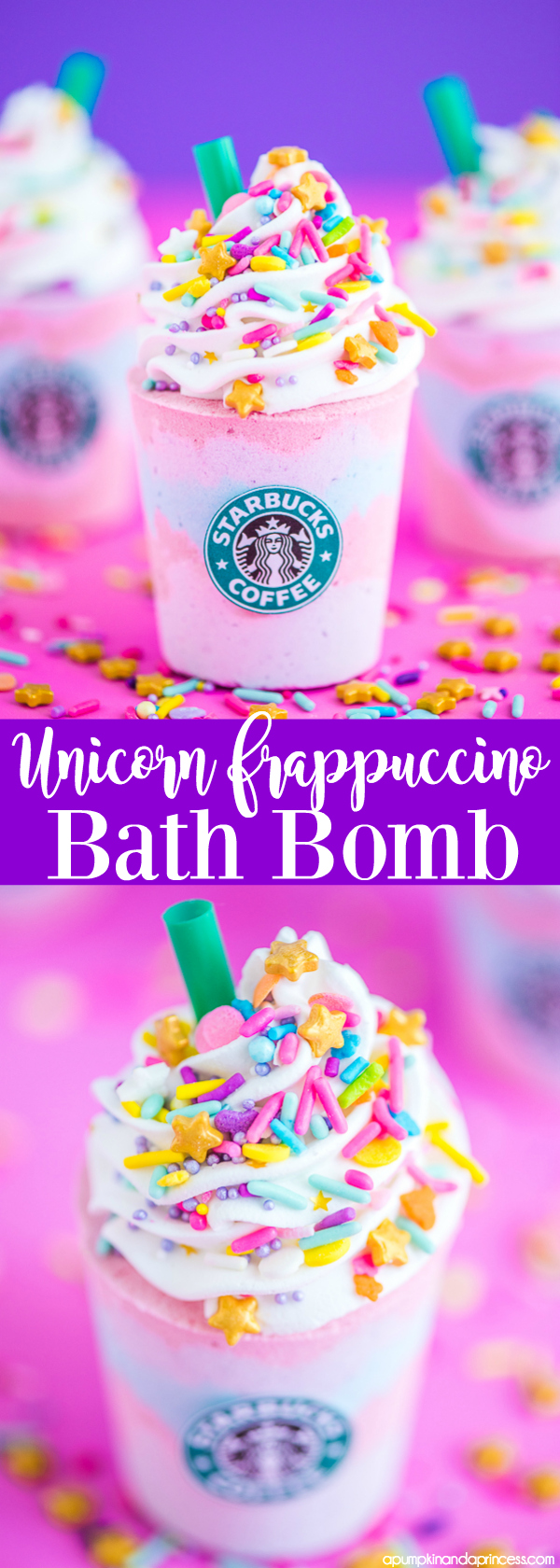 DIY Unicorn Frappuccino Bath Bomb – how to make Starbucks Unicorn Frappuccino inspired bath bombs with layers of pink, purple and blue. Then topped with icing, sprinkles and a classic green straw.