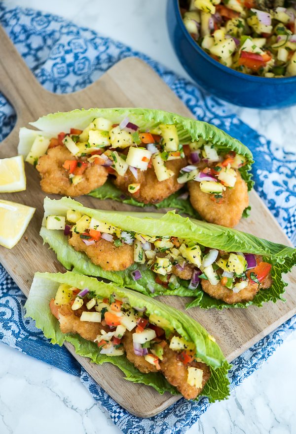 Shrimp Lettuce Wraps topped with pineapple salsa – a quick, easy and low carb meal.