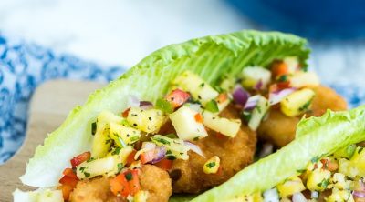 Shrimp Lettuce Wraps topped with pineapple salsa – a quick, easy and low carb meal.
