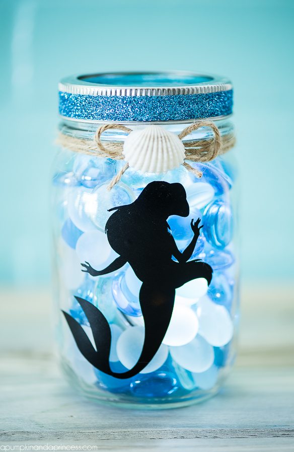 DIY The Little Mermaid Mason Jar Light - create an ocean inspired mason jar night light with a vinyl Ariel decal and LED light.