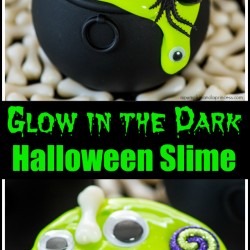 Cauldron Halloween slime party favors made with glow in the dark slime, eyes, pumpkins, spiders and bones!