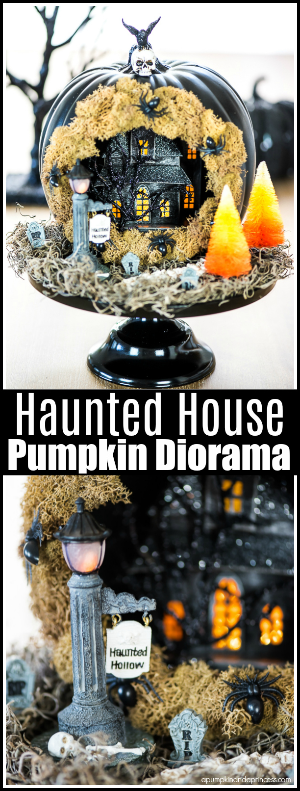 Create a Haunted House Pumpkin Diorama with tiny spooky decorations, complete with a skeleton walkway, candy corn trees and tombstones.