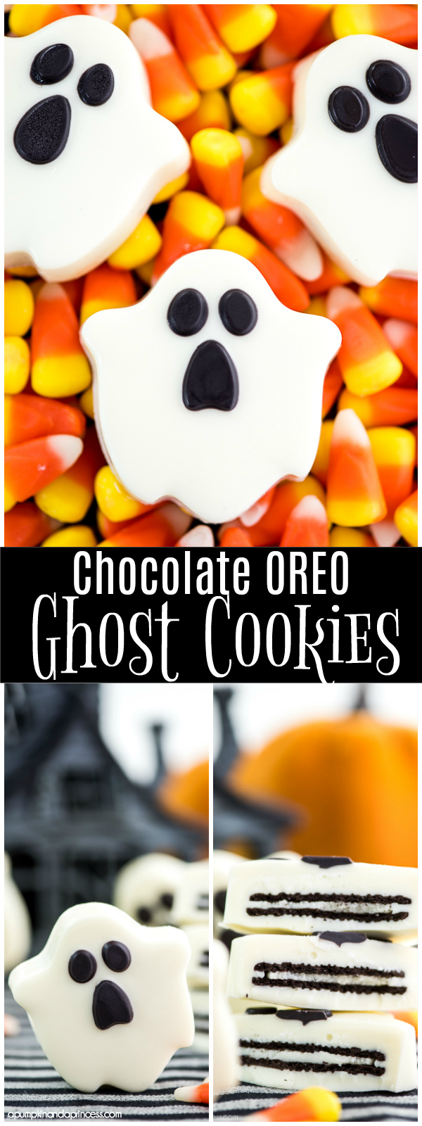 OREO Ghost Cookies – these chocolate covered OREO cookies are great for Halloween parties!