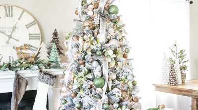 Metallic Winter Wonderland Christmas Tree – create a flocked winter wonderland Christmas tree with green and metallic ornaments, and rustic wood decorations.