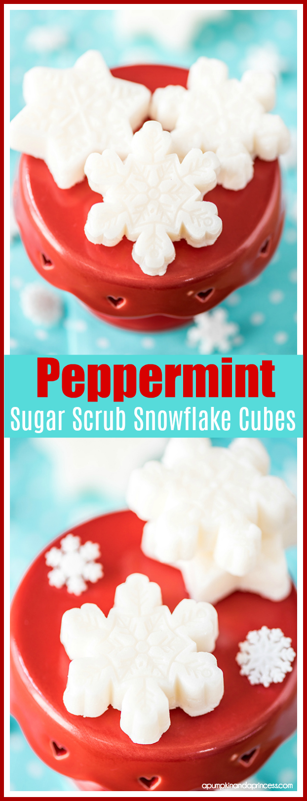 Peppermint Sugar Scrub Snowflake Cubes – how to make exfoliating sugar scrub cubes infused with peppermint essential oil. Great handmade gift idea under $5!