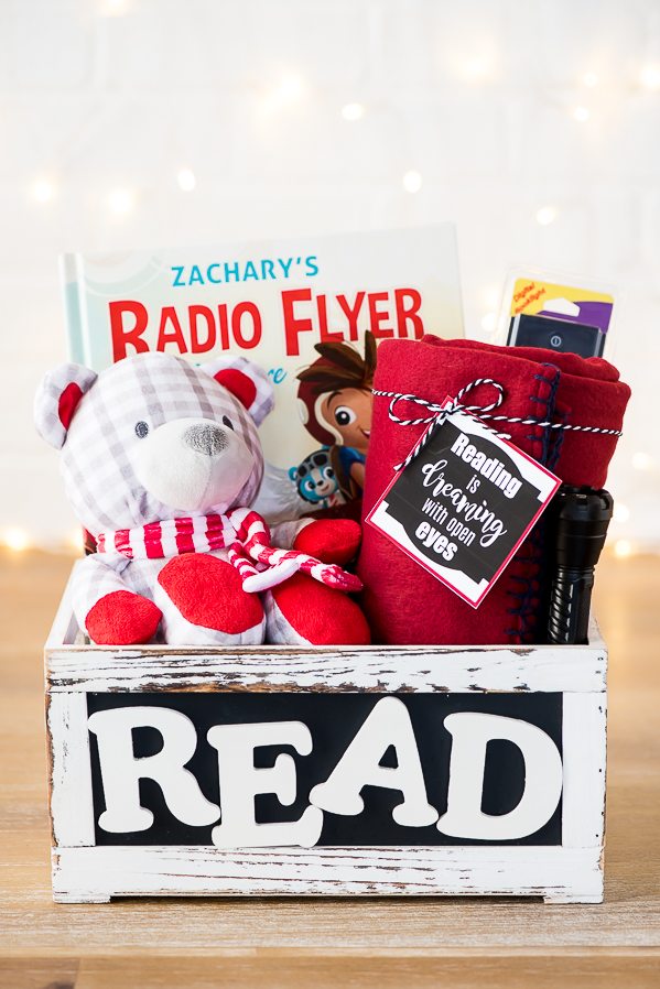 DIY Book Gift Basket – create a customized book with your child's name and fill a basket with their favorite story time essentials.