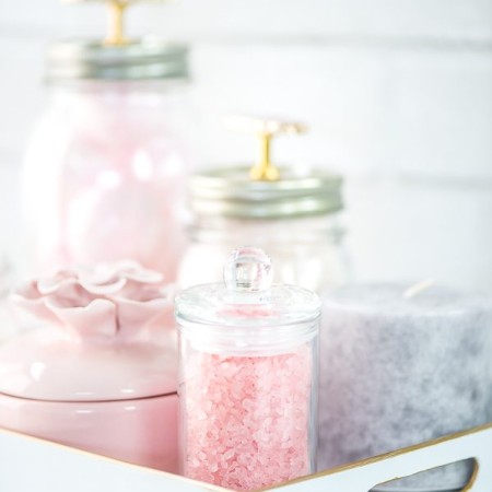 Mason Jar Bathroom Vanity Organizer – how to organize bath essentials like bath bombs, oils, and bath salts on your vanity using mason jars.