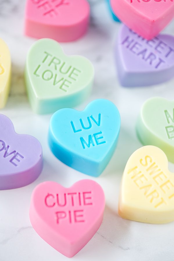 DIY Conversation Heart Soap – how to make mini conversation heart soaps for Valentine’s Day.