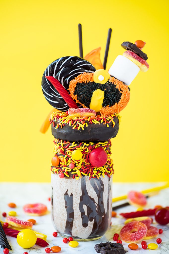The Incredibles Freakshake - 3 ingredient chocolate milkshake topped with a donut and candy