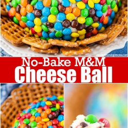 Easy no-bake M&M cheese ball dessert dip. This easy dessert recipe is always a crowd pleaser and can be paired with pretzels, cookies or graham crackers.