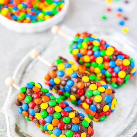 Homemade chocolate covered marshmallows dipped in dark chocolate and M&M's