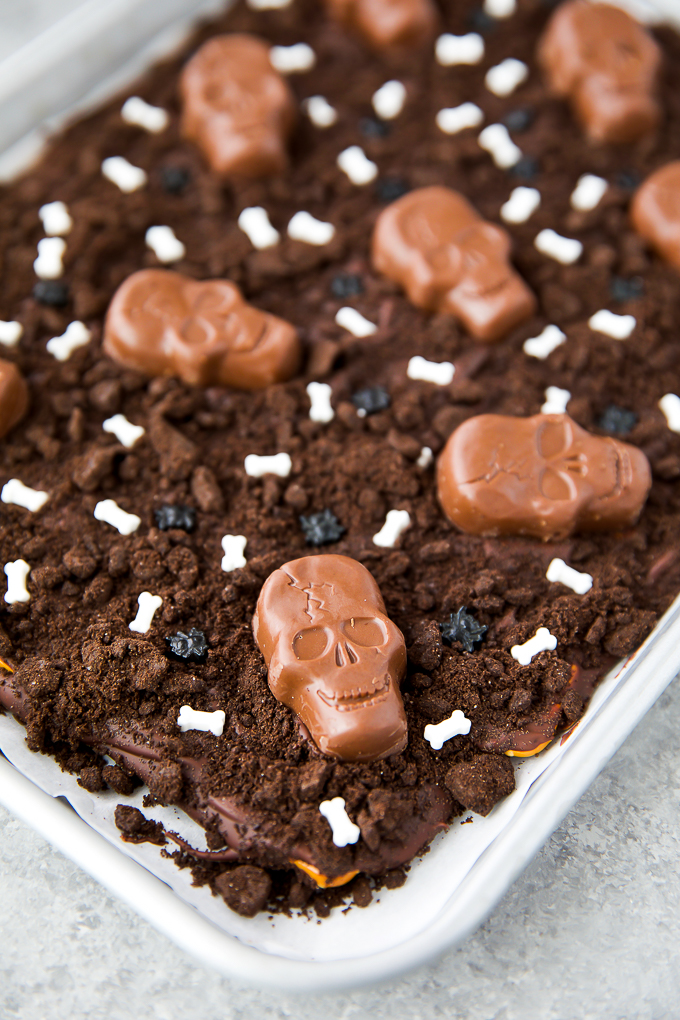 Halloween candy bark topped with chocolate skulls