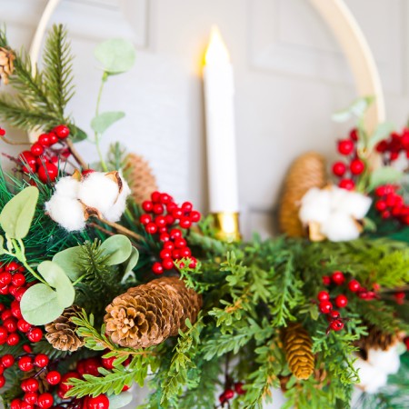 DIY Embroidery Hoop Christmas Wreath with a flameless candle