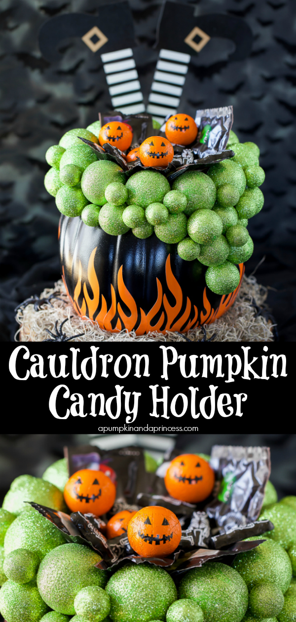 Welcome trick or treaters with this DIY cauldron pumpkin candy holder