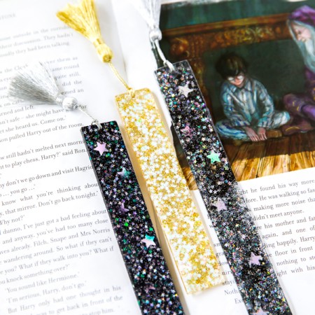 galaxy and gold star bookmarks made with metallic tassels