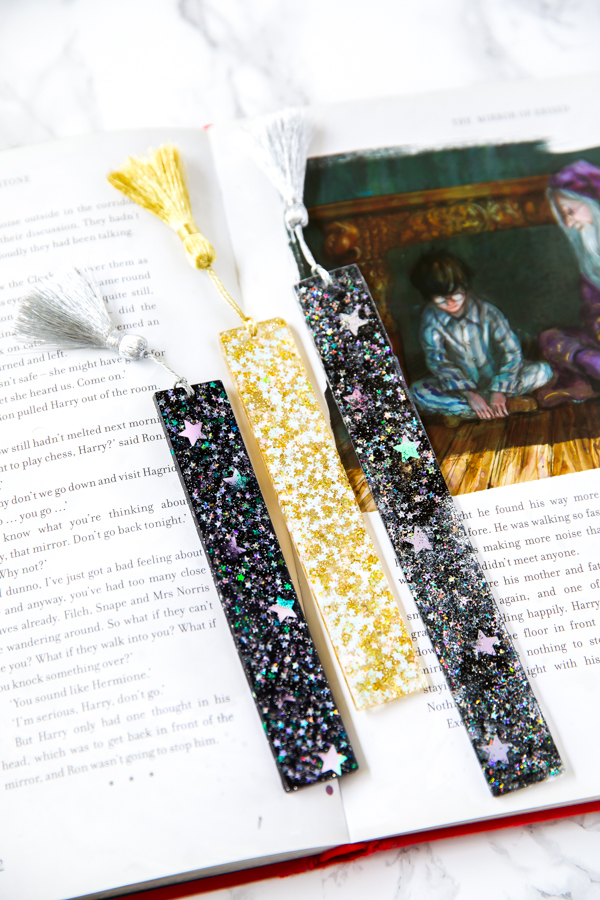 galaxy and gold star bookmarks made with metallic tassels