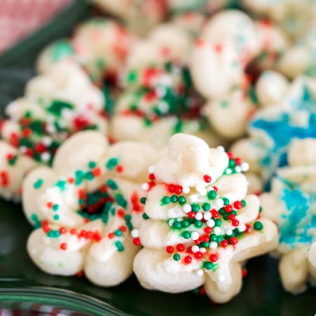 spritz cookies decoated with nonpareils