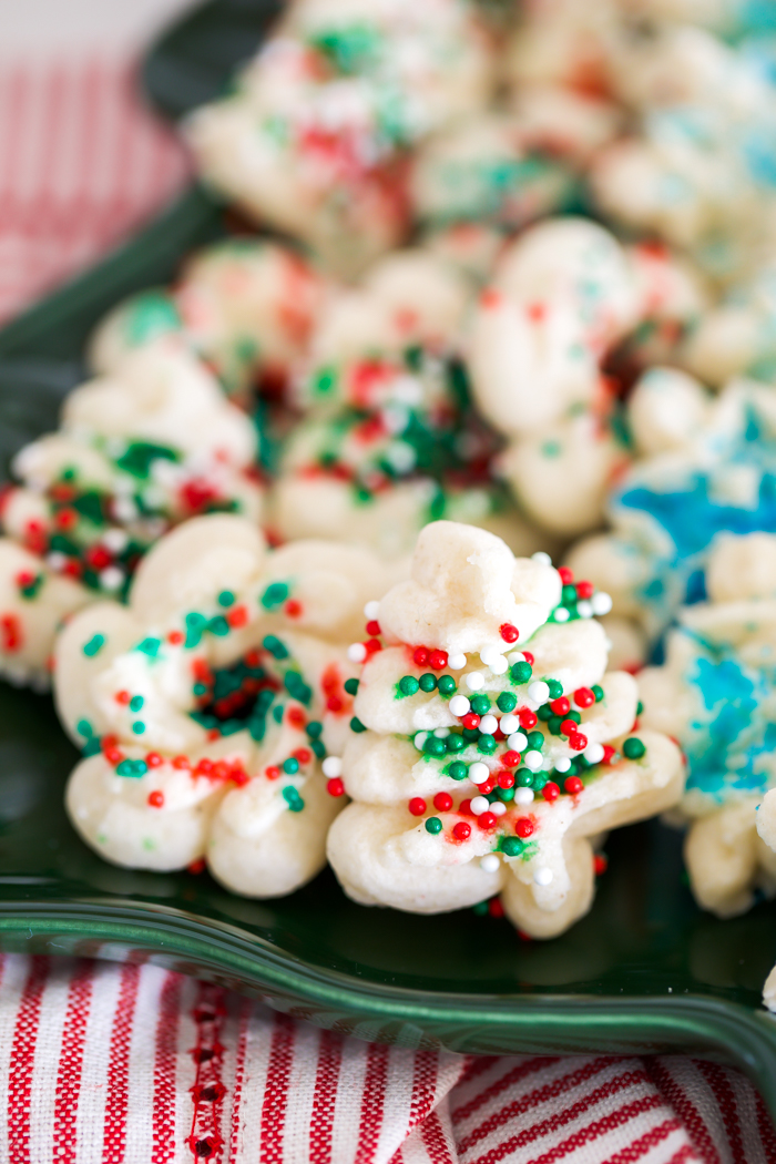 spritz cookies decoated with nonpareils 