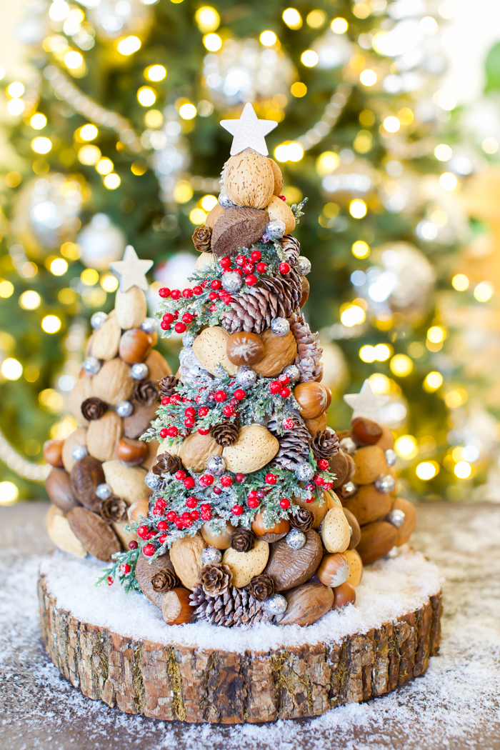 Natural Christmas tree decorating ideas - mixed nuts, pinecones, and berries tree