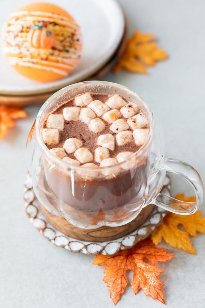 cup of pumpkin spice hot cocoa in pumpkin mug
