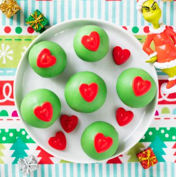 green oreo balls with red hearts