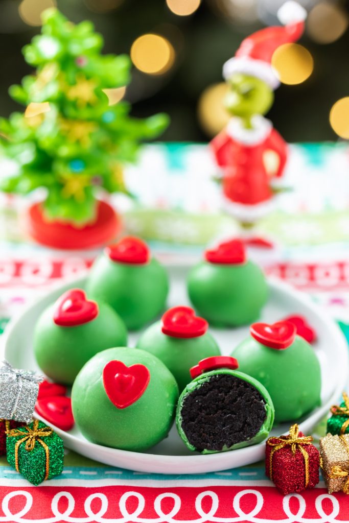 green oreo truffles with red heart sprinkles