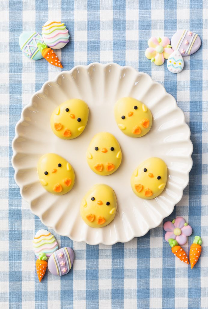 yellow candy coated oreo truffles in Easter shapes for kids